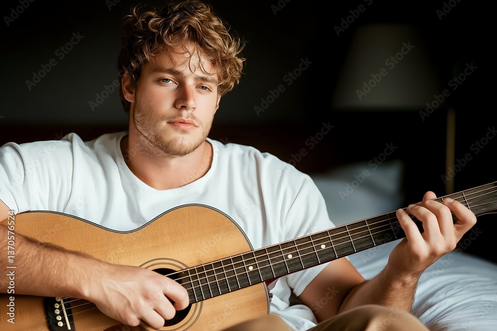 Obraz premium Man Practicing Guitar in Bedroom, Young Musician Strumming Guitar, Cozy Home Environment, Focused on Music, Indoor Music Practice, Relaxed Living Room Setting, Playing Guitar at Home