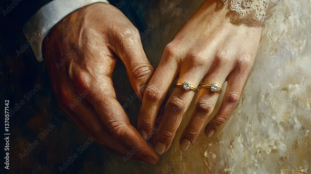 Fototapeta premium Hands of Bride and Groom with Wedding Rings