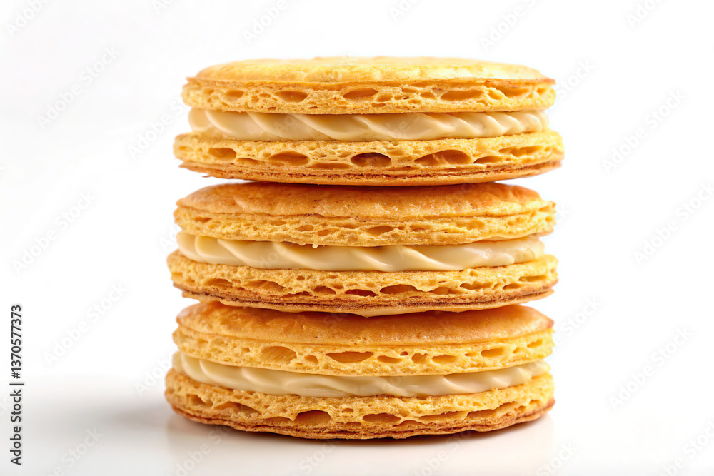 Delicious Stack of Golden Macarons with Creamy Filling Delicious Stack of Golden Macarons with Creamy Filling