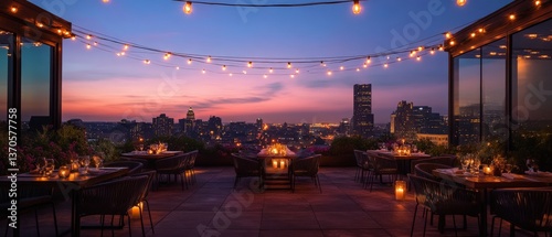 Wallpaper Mural Dining experience under string lights rooftop restaurant evening ambiance cityscape romantic viewpoint Torontodigital.ca
