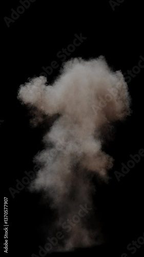 Realistic high resolution ground explosion rendering with fire and smoke plume. Full frame 3D animation fireball detonation and combustion on black background with alpha channel. Cgi vfx plate shot.