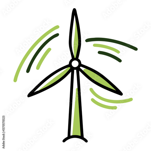 Green wind turbine with rotating blades against a white background  