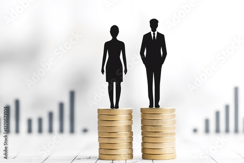 Gender Pay Gap Infographic with Business Silhouettes on Bar Chart, Male and Female Salary Comparison, Corporate Finance, Wage Inequality, Workplace Earnings Disparity, Economic Statistics