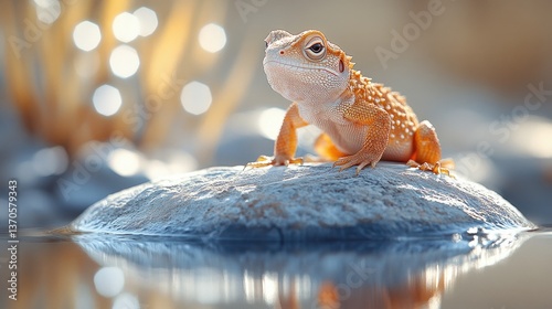 Desert lizard sunbathing on rock near water photo