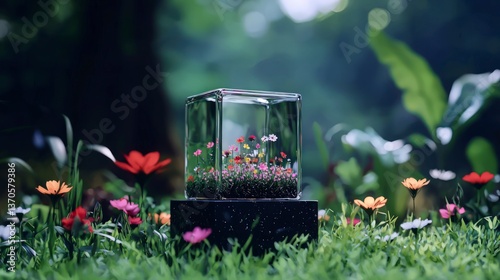 Enchanting Miniature Garden in Glass Cube Vibrant Flowers in Springtime Setting