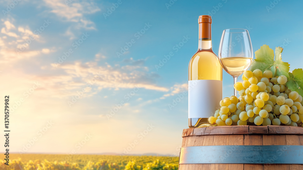 Fototapeta premium A bottle of white wine and a glass sit atop a wooden barrel, accompanied by fresh grapes. The background showcases a picturesque vineyard under a colorful sunset sky