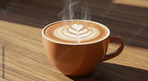 Fresh Latte Art Steaming in a Ceramic Cup on Wooden Table