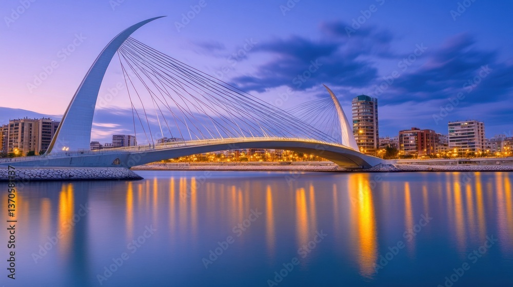 Obraz premium A modern cable stayed bridge spanning a river at dusk