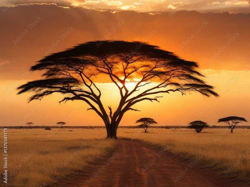 Obraz premium Scenic African Savannah Sunset with Acacia Tree on Dusty Road