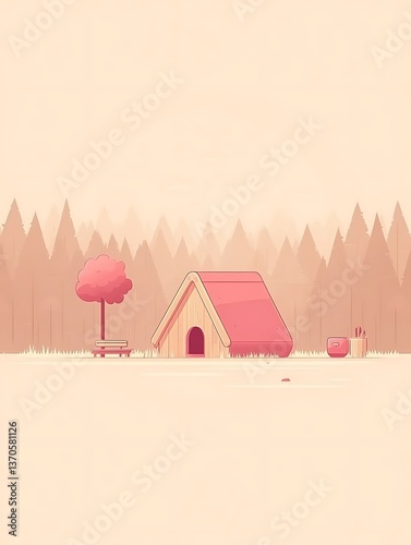 Minimalist illustration of a dog house in a forest.