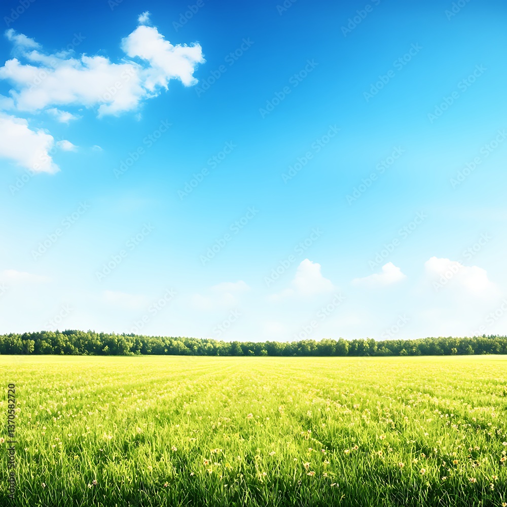 Obraz premium Serene field of lush green grass framed by tall trees offering a peaceful escape into nature's embrace