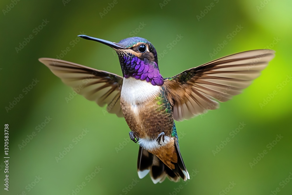 Fototapeta premium Hummingbird Flying with Wings Open Against a Blurred Green Background