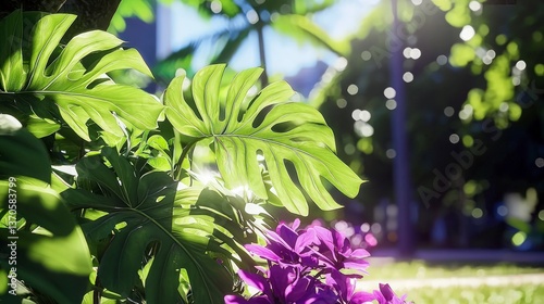 Lush Green Monstera Leaves and Vibrant Purple Flowers Basking in Sunlight A Serene Tropical Garden Scene