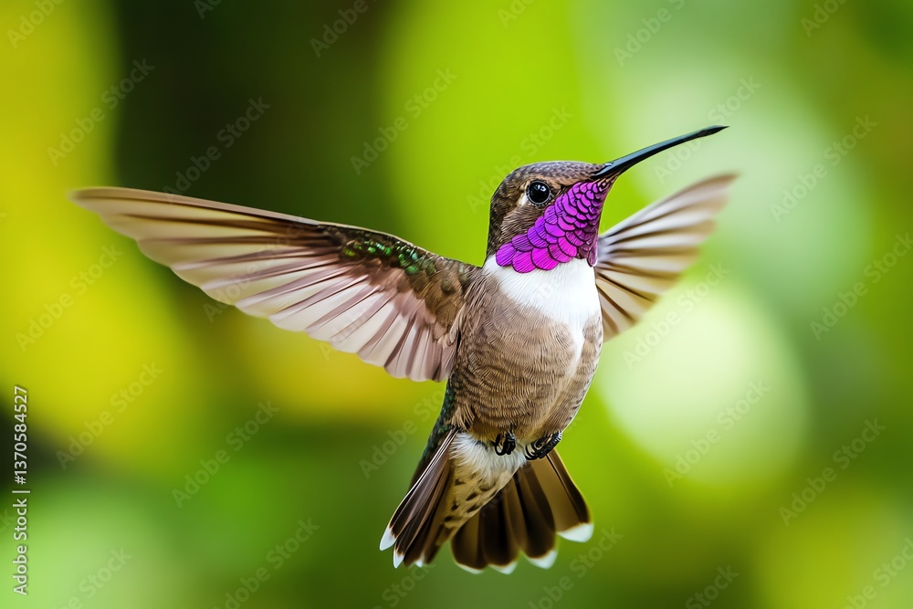 Naklejka premium Flying Hummingbird with Spread Wings on Green Background Nature Portrait
