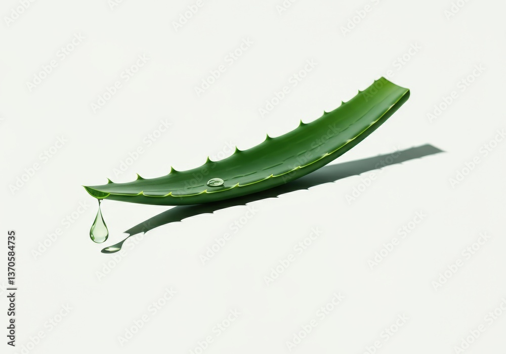 Naklejka premium Fresh aloe vera leaf with a droplet of water, symbolizing natural skincare