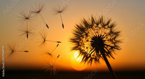 Dandelion Silhouette with Seeds Flying in Warm Sunset Light