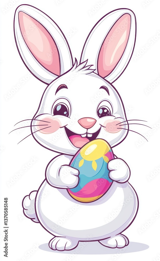Fototapeta premium Cute Cartoon Rabbit Holding Colorful Easter Egg in Bright Style
