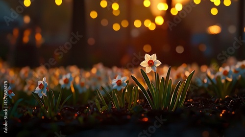 Beautiful Daffodils Blooming at Sunset Golden Hour Soft Light