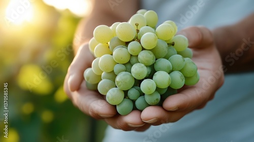 Freshly picked green grapes held in cupped hands.  A bountiful harvest in a vineyard setting