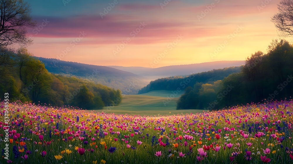 Obraz premium Expansive field of colorful flowers with majestic mountains in the background creating a scenic view