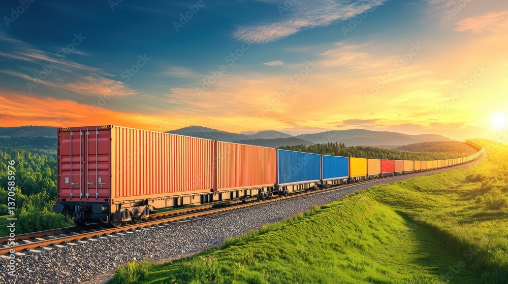 A colorful freight train travels through a scenic landscape at sunset, surrounded by lush greenery and rolling hills. A colorful freight train travels through a scenic landscape at sunset, surrounded by lush greenery and rolling hills.