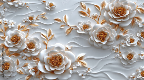Embossed White & Gold Floral Wall Texture, 3D Rose Design