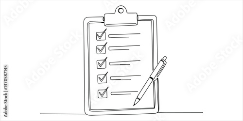 Clipboard with checklist and pen To do list with ticks and concept for test expertise and exam single line art drawing sketch on white background