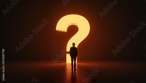 Silhouette of a person standing before a large illuminated question mark in a dark setting for websites, blogs, presentations, educational materials, and design inspiration.