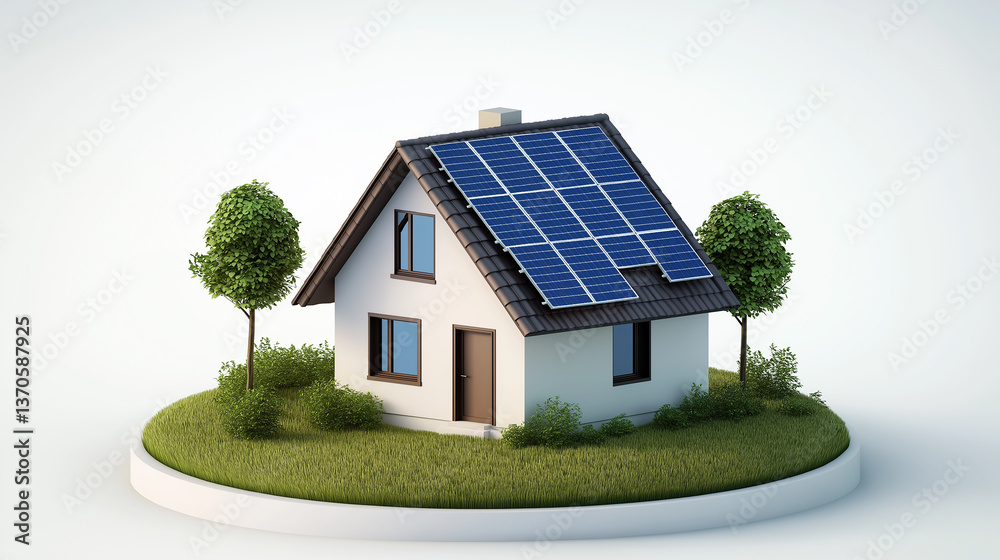 Modern eco-friendly house generating clean energy with solar panels on a green island Modern eco-friendly house generating clean energy with solar panels on a green island