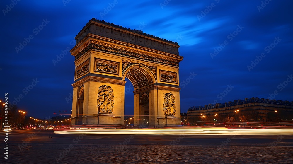 Fototapeta premium Iconic Parisian landmark at twilight. A grand archway, illuminated against a vibrant blue-toned twilight sky, overlooks a bustling city street