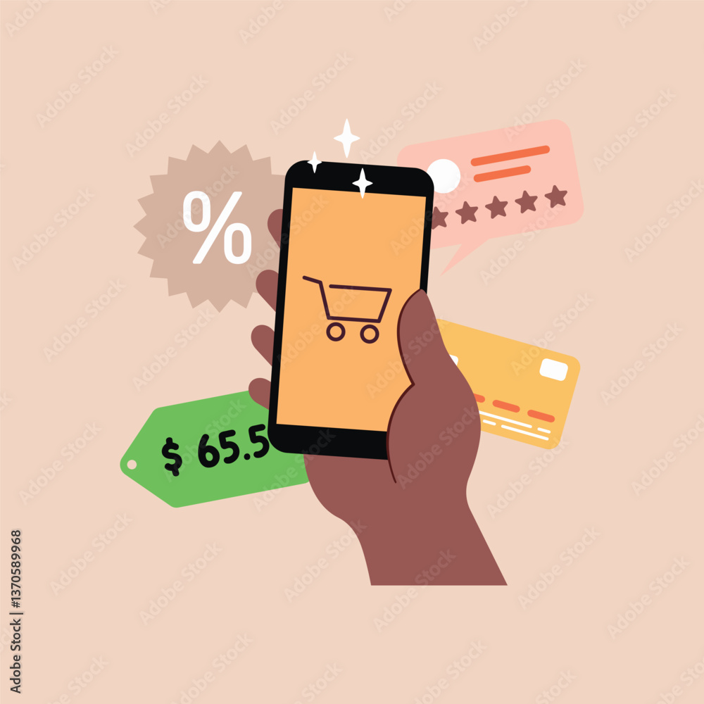 Cutout hand holding smartphone and online shopping vector illustration