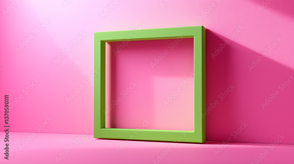 Green frame leaning on pink wall creating modern and minimalist composition Green frame leaning on pink wall creating modern and minimalist composition