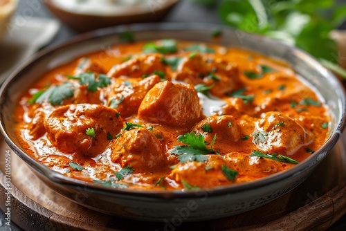 Chicken Makhani plated with smooth butter masala base, boneless pieces, cream swirl and