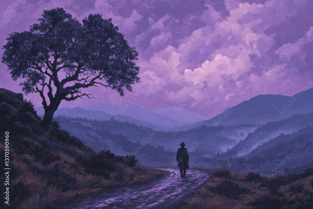 Obraz premium Lone Traveler with Purple Mountain Path, and Serene Dusk.