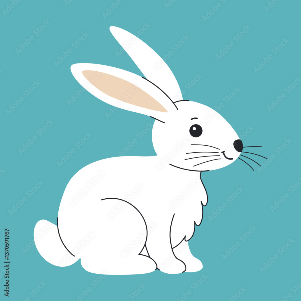 Fototapeta premium Sitting cartoon white rabbit children's illustration. Cute animal.