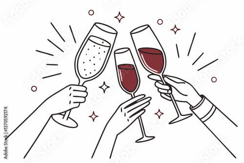 Illustration of a toast. Three hands thinking of three glasses. Wine. Champagne.
