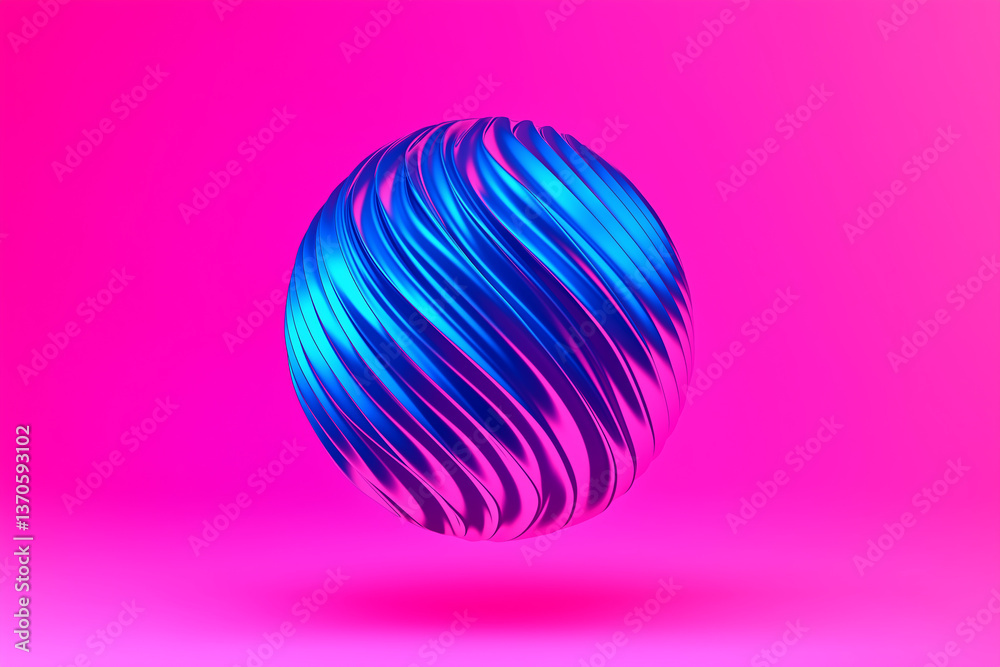 Fototapeta premium Blue twisted sphere floating on pink background: abstract 3d illustration