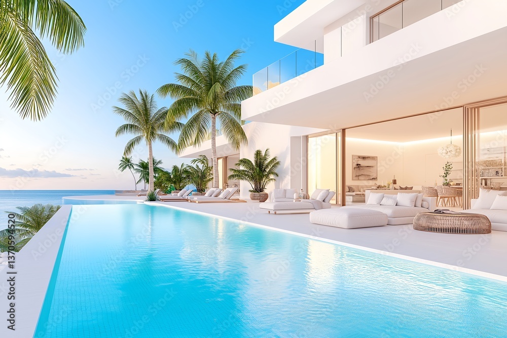 Fototapeta premium Luxury Waterfront Villa at Sunrise with Glass-Paneled Balconies, Infinity Pool, Turquoise Lagoon, Palm Trees, Modern Architecture, Beachfront Property, Outdoor Lounge and Deck