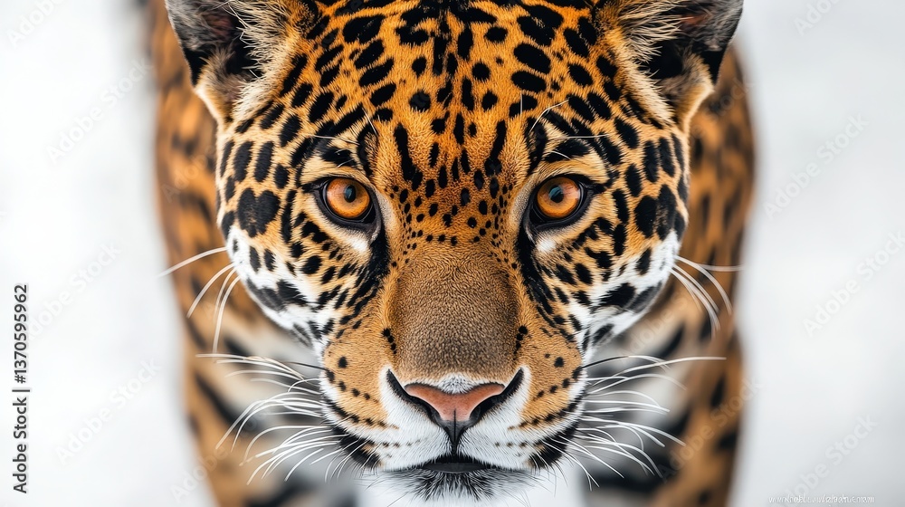 Obraz premium Intense gaze of a jaguar. Striking brown eyes and spotted fur against a soft, blurred background. A powerful, captivating portrait