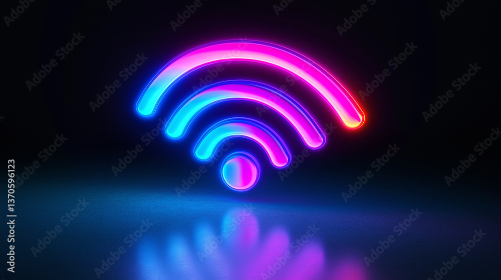 Glowing neon wi-fi symbol representing wireless internet connectivity Glowing neon wi-fi symbol representing wireless internet connectivity
