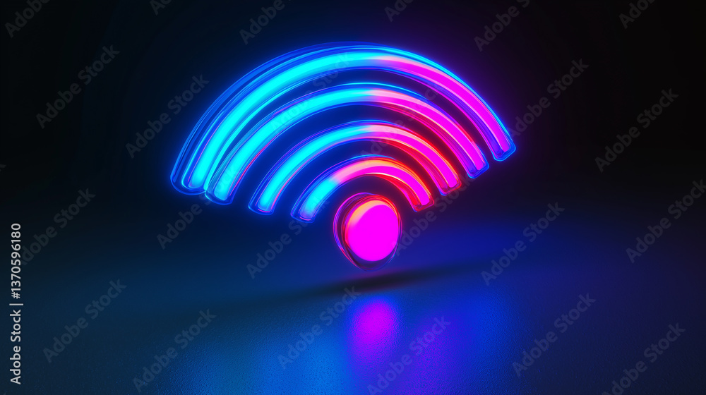 Neon wifi symbol glowing on dark background representing wireless network and connection