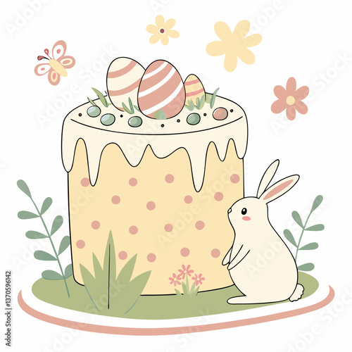 Easter cake with eggs, bunny, and flowers