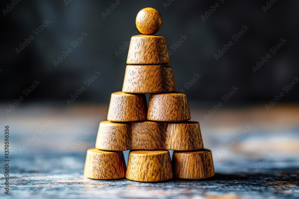 Obraz premium Wooden Stacking Pieces Forming a Pyramid Structure on a Rustic Surface with Natural Lighting and Detailed Wood Grain Textures