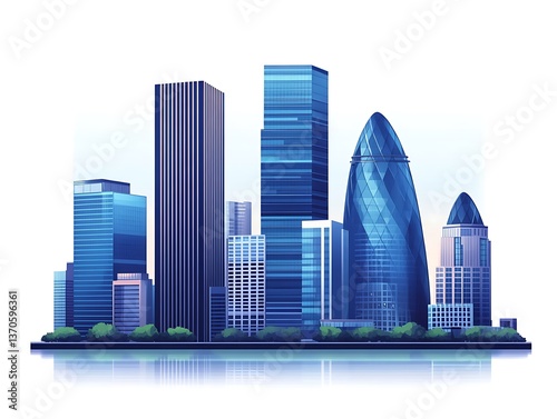 Modern city skyline with skyscrapers reflecting in water.