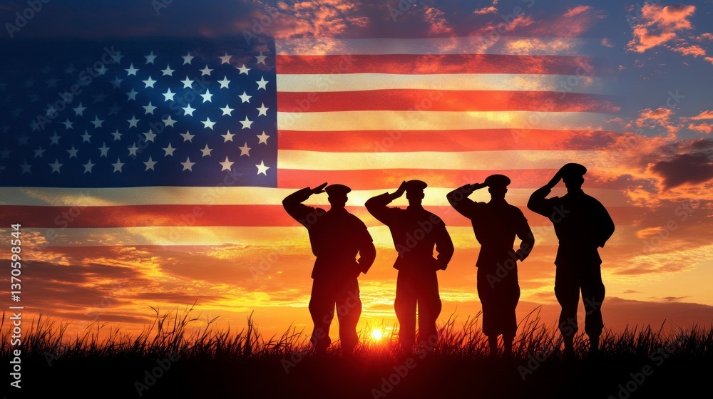 Naklejka premium Soldiers Saluting Against American Flag at Sunset, Remembrance and Patriotism