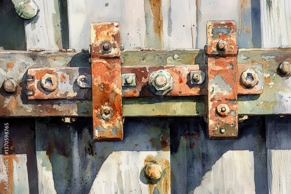 Rusty Metal Gate Latch with Watercolor Detail. Rusty Metal Gate Latch with Watercolor Detail.