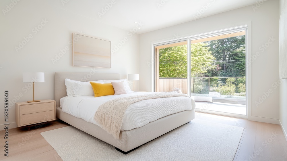 Fototapeta premium Modern bedroom with patio view. Light and airy space features a large bed, natural light, and outdoor access