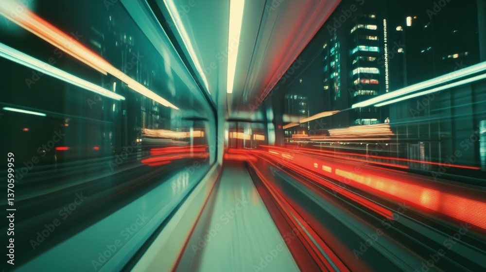 Fototapeta premium Fast moving train through a vibrant urban cityscape at night