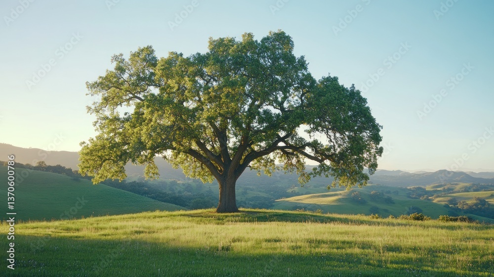 Obraz premium A large tree stands alone on a grassy hilltop bathed in sunlight