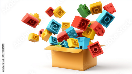 Colorful plastic building blocks exploding from cardboard box